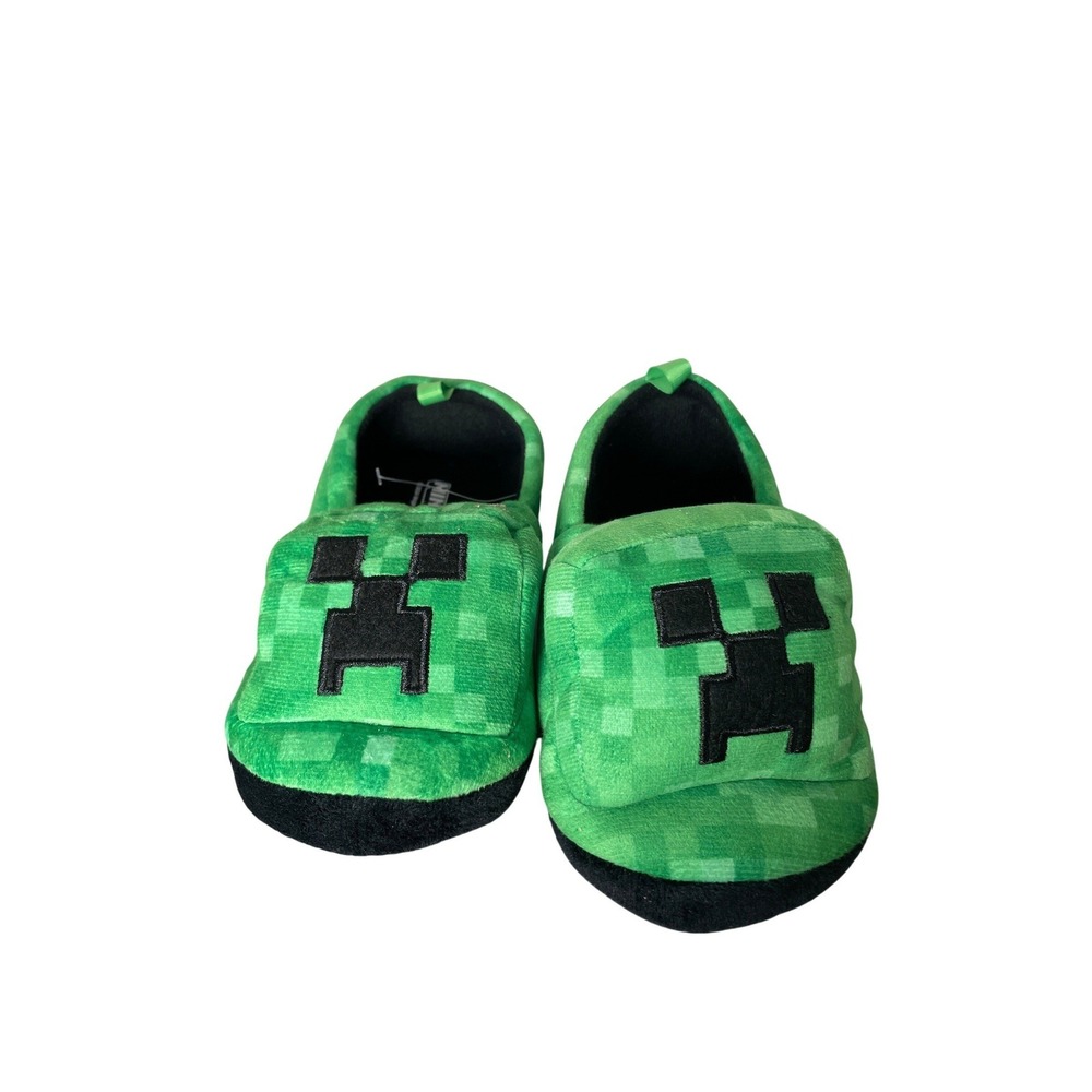 Minecraft Creeper Kids Plush Slippers Green Pixelated House Shoes Size 12-13